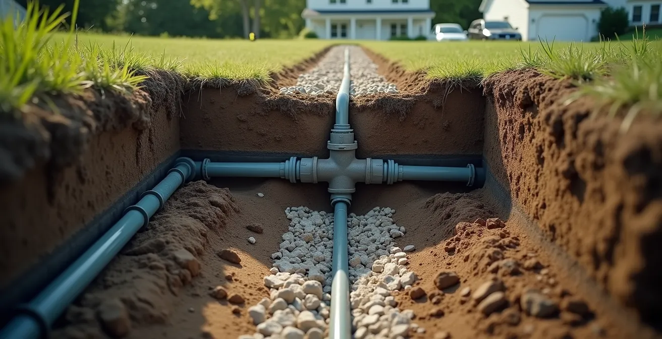 Cross-section view of underground water and sewer lines at property boundary showing ownership zones