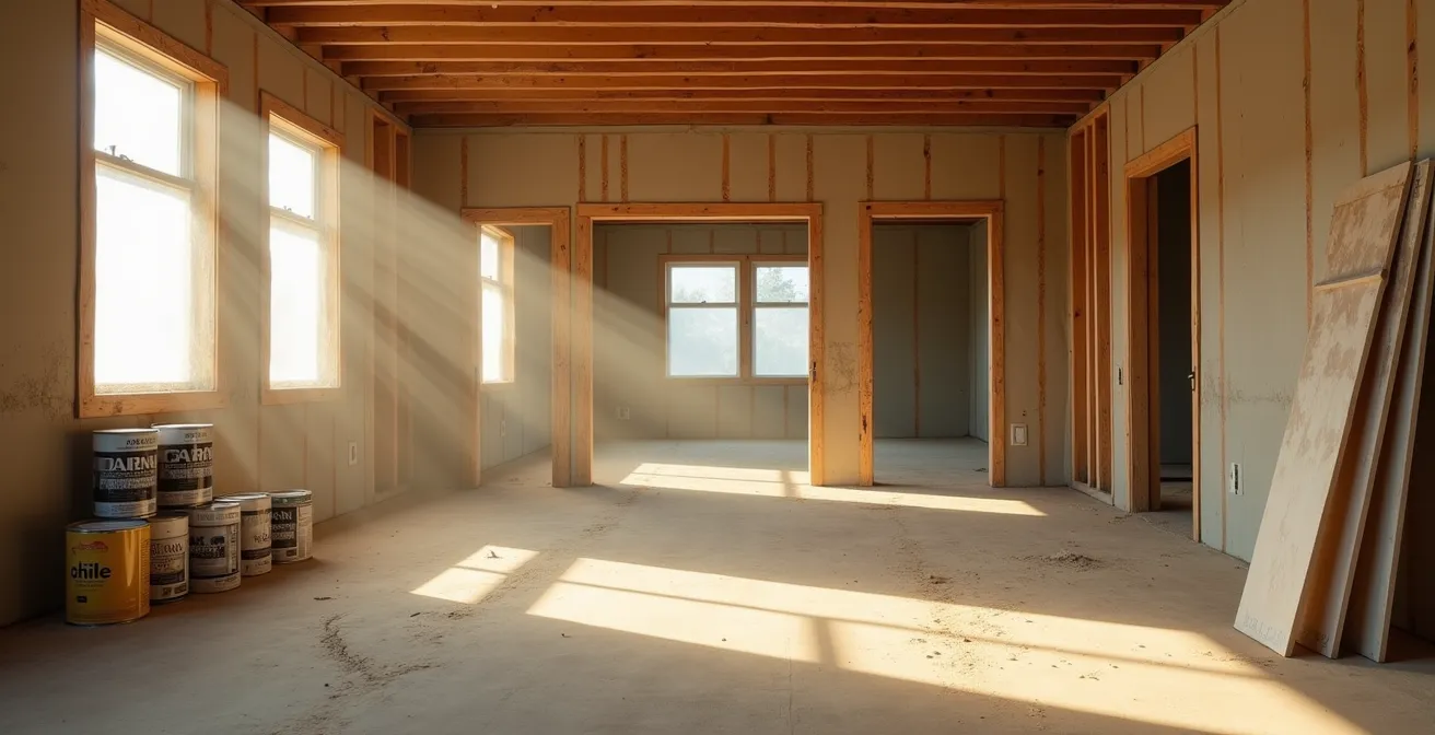 Empty home under renovation with construction materials and exposed framework
