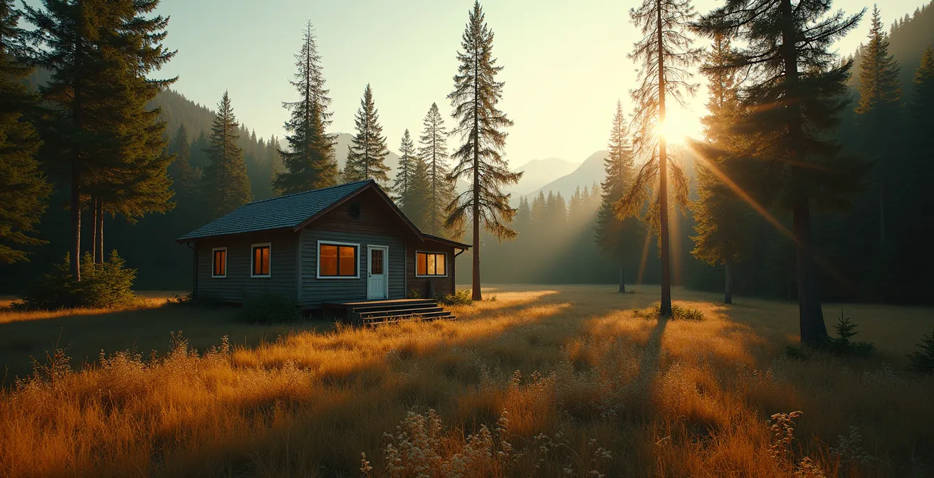 Rustic vacation cottage nestled in a forest clearing during golden hour