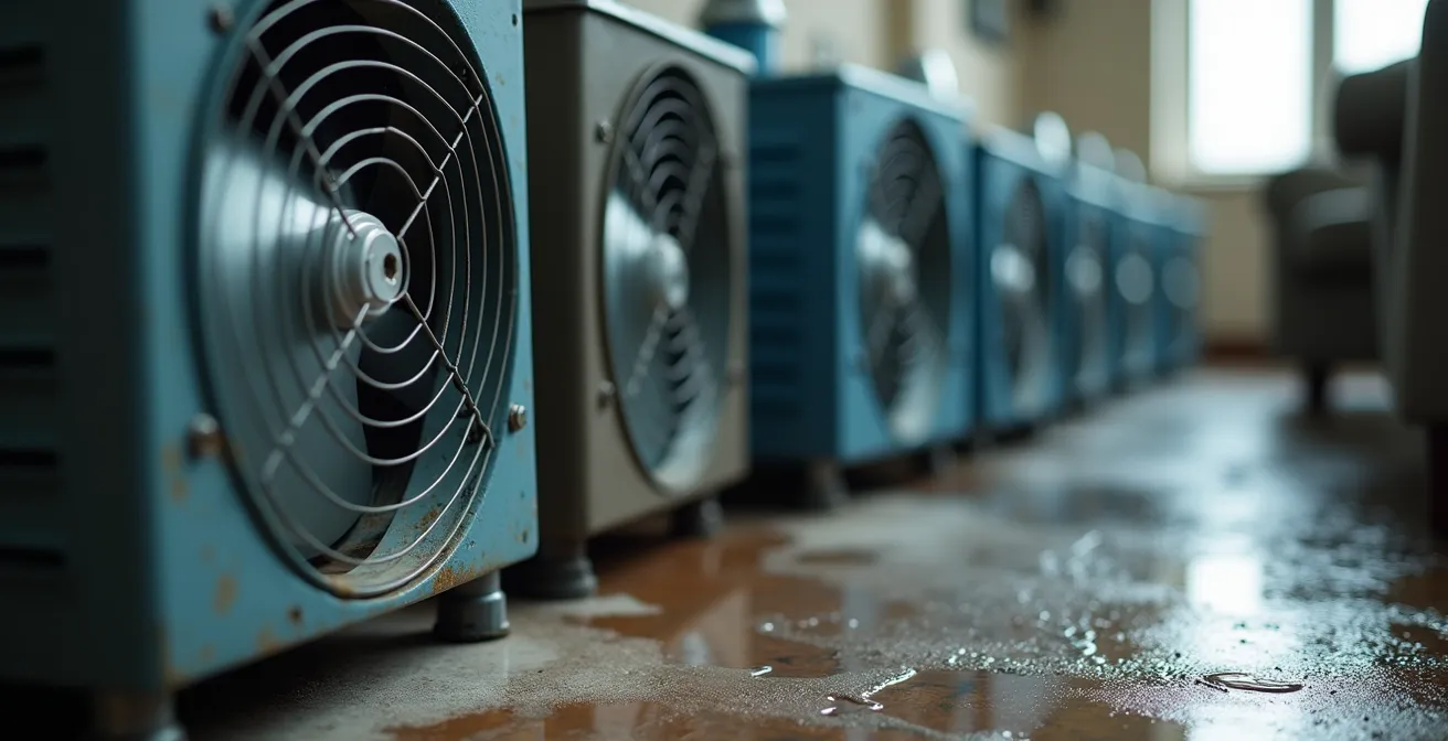 Professional water damage mitigation equipment in residential setting