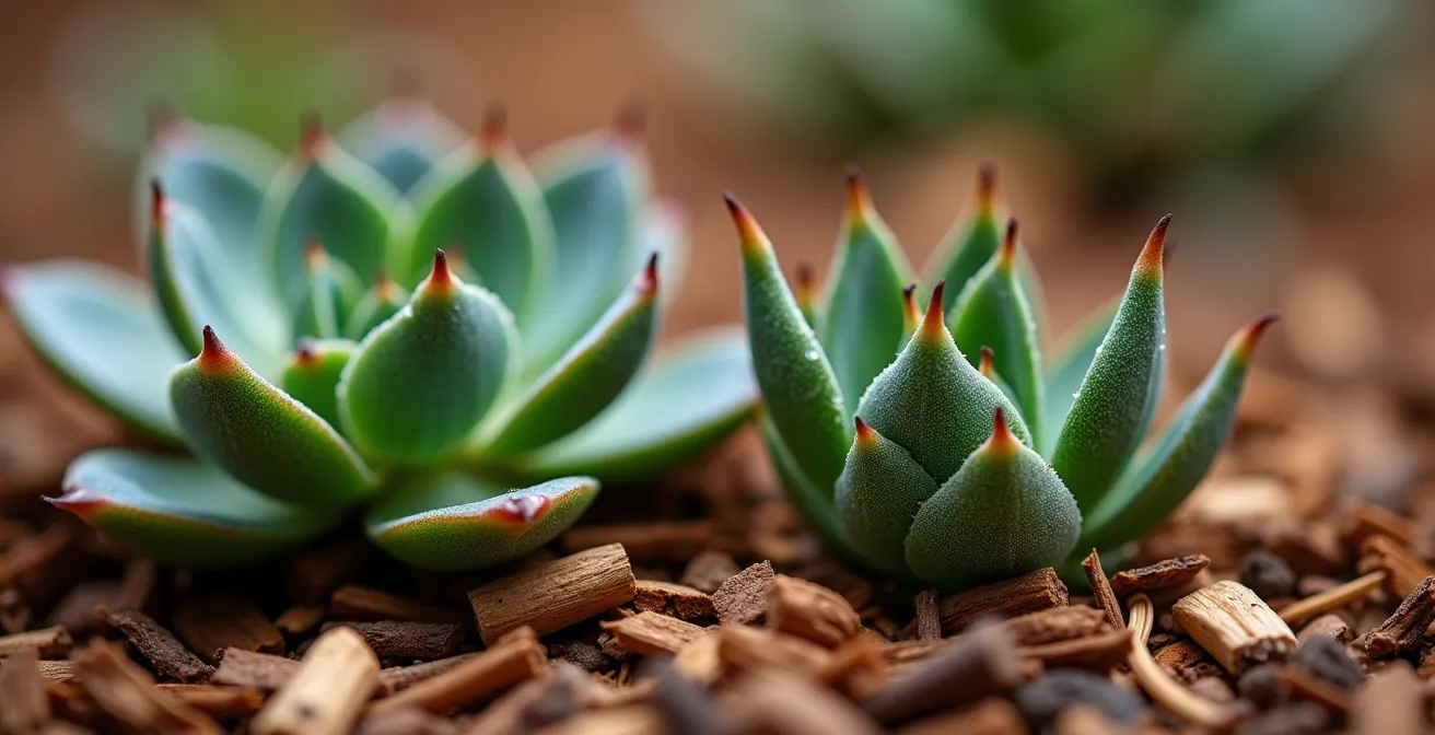 Macro view of fire-resistant landscaping materials and plant textures